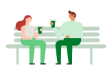 ベンチでコーヒーを片手に話をしている女性と男性のイラスト